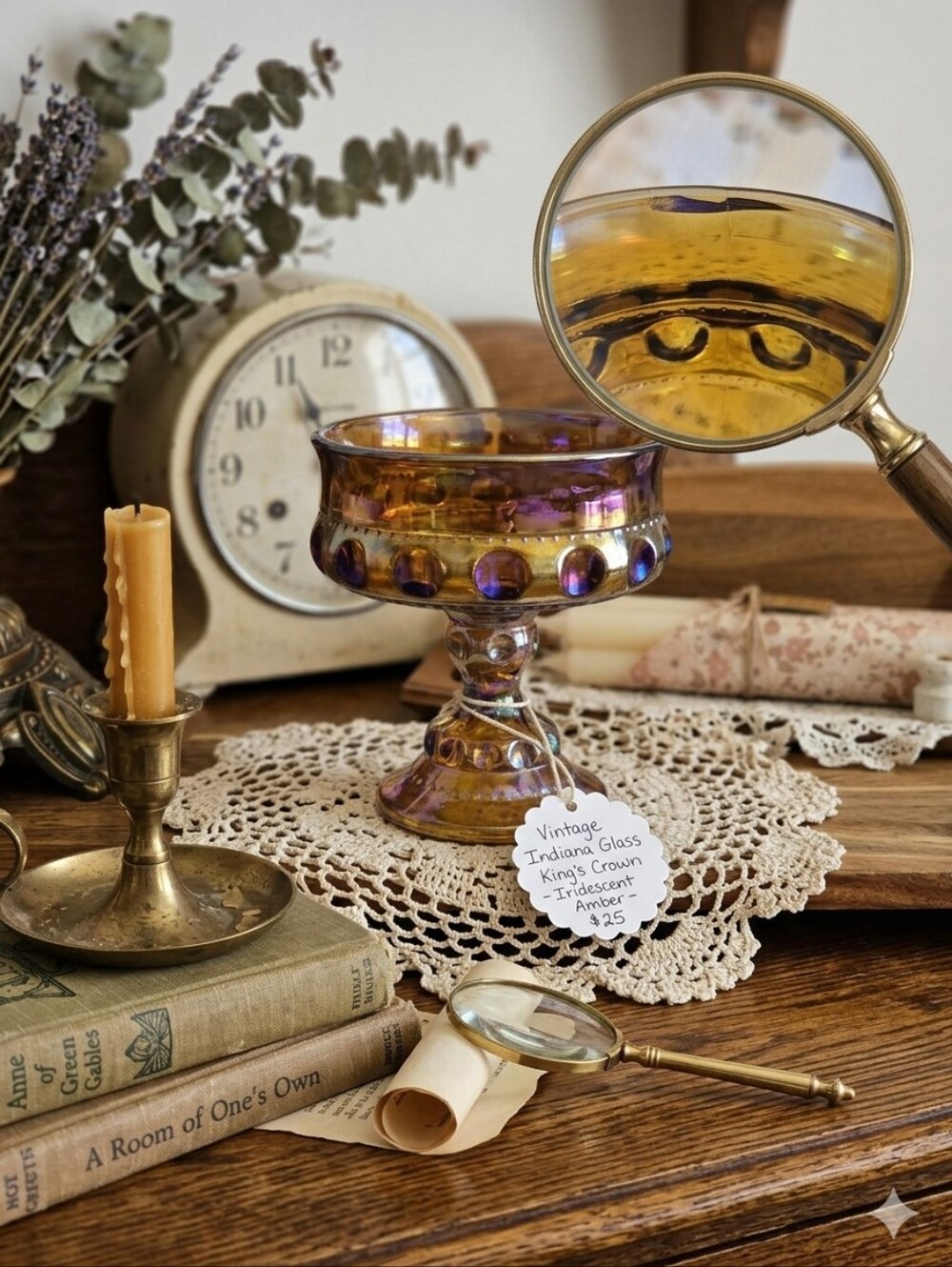 ​Vintage Indiana Glass Kings Crown Iridescent Amber Compote Bowl